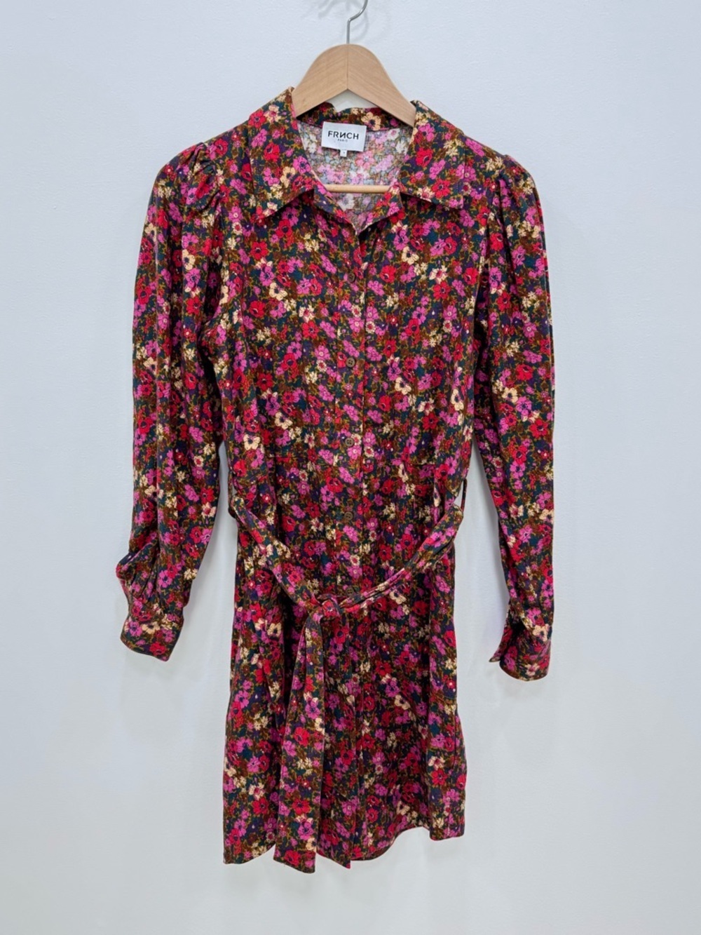 FRNCH Paris Caron Dress Floral Collared Long Sleeve Belted Mini Dress Small